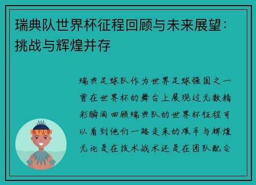 瑞典队世界杯征程回顾与未来展望：挑战与辉煌并存